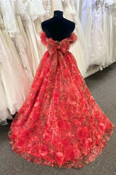 Strapless Red Floral Print Organza Long Ball Gown